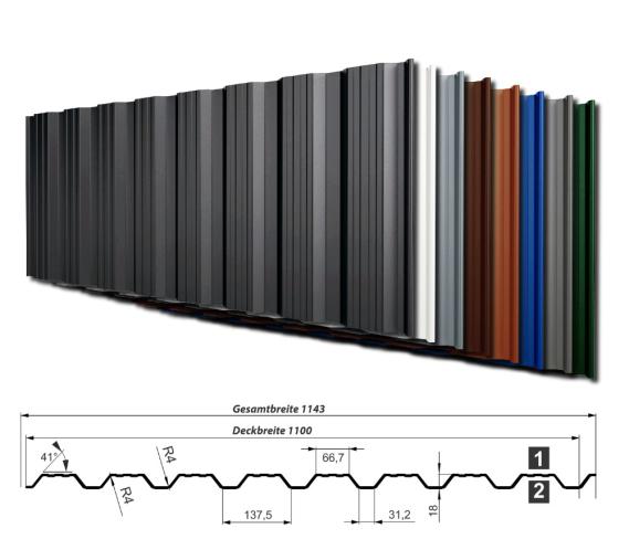 Wandblech T-18DRW/1100 in 9 unterschiedlichen Farben mit Querschnitt